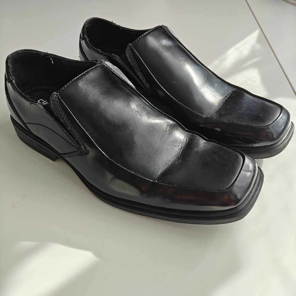 Claiborne Mens Slip On Loafers Dress Shoes Black Polished Leather Square Toe 8.5